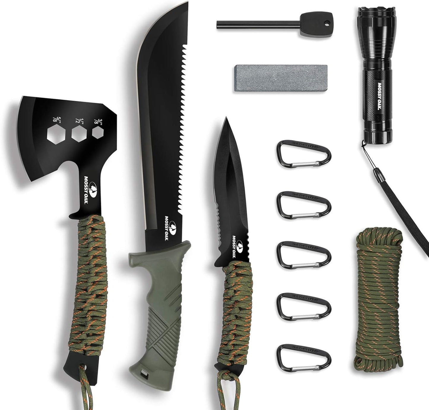 Mossy Oak Axe, Fixed Blade, Knife and Flashlight Set