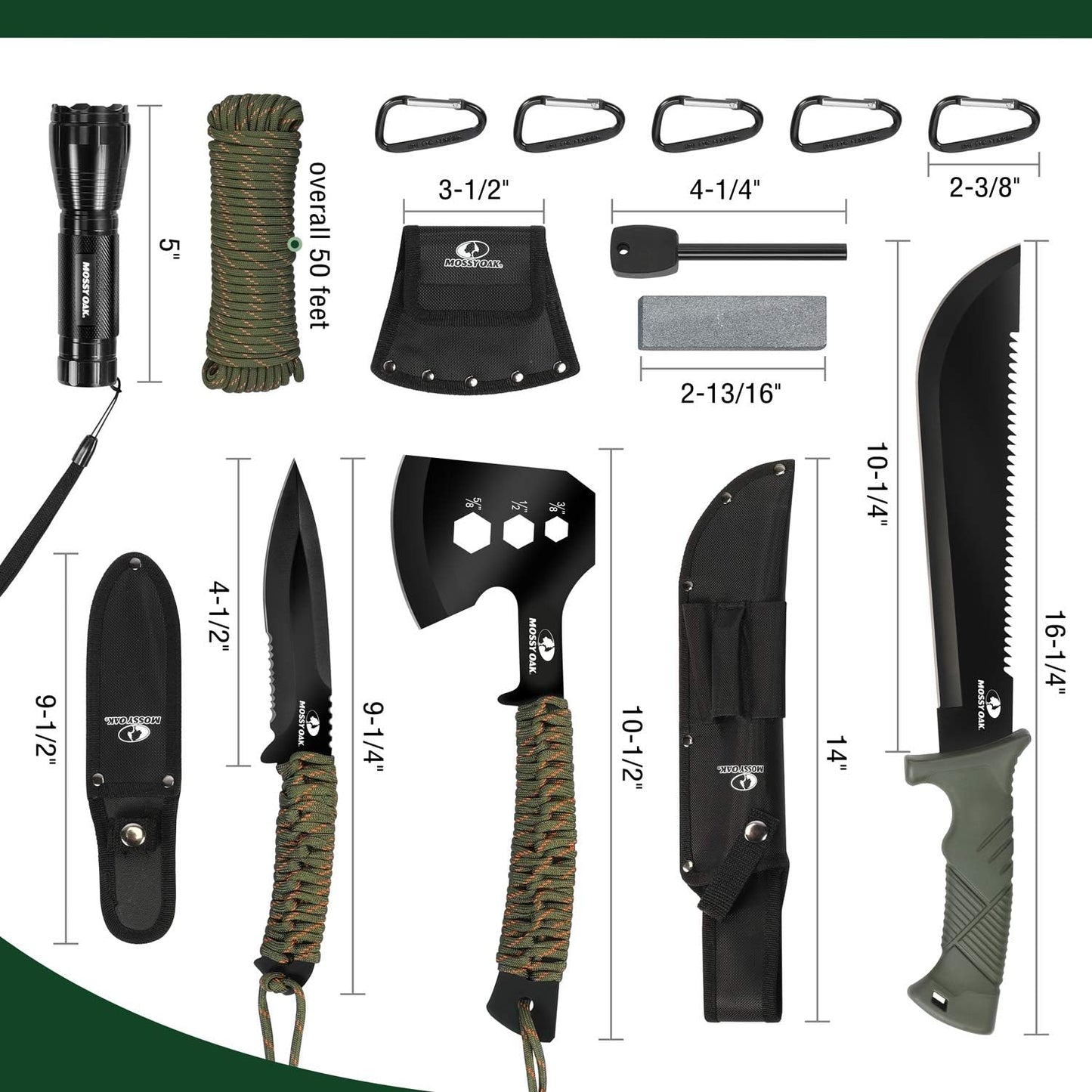 Mossy Oak Axe, Fixed Blade, Knife and Flashlight Set